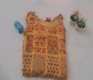 Mustard Block Print Kurti with Mirror &amp; Thread Emb