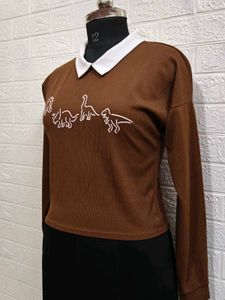 Dino-mite Brown Collared Long Sleeve Top