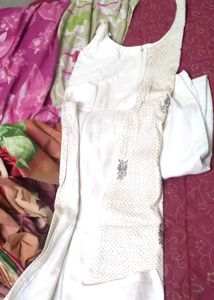 Off White Straight Kurta Set-Sequins And embroider