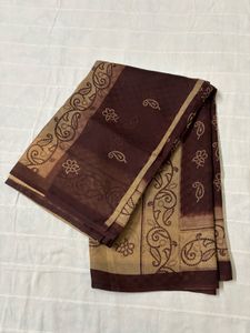 Dark Brown Paisley Print Cotton Saree