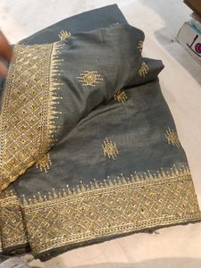 Cash Only Elegant Gray &amp; Gold Embroidered Saree