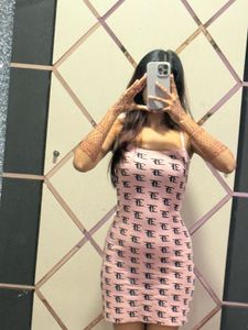 Pink Patterned Ribbed Mini Dress