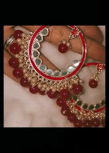 &#34;Traditional Red Kundan Earrings with Mirror Work