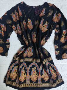 Vintage Black Patterned Short Kurta