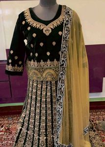 Velvet Lehenga Choli Set with Gold Embellishments