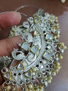 Statement Silver Kundan Hoop Earrings