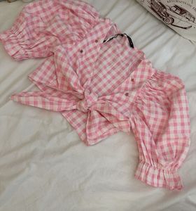 Pink Gingham Tie-Front Crop Top