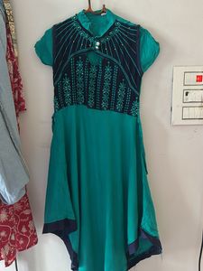 Green &amp; Navy Dress with Waist Tie