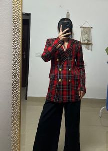 ZARA RED Checked Double Breasted Blazer