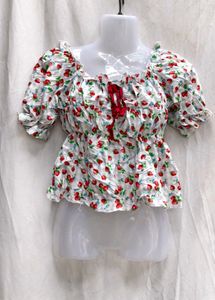 I. Strawberry Print Peplum Top