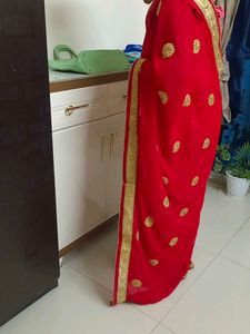 Red &amp; Gold Embroidered Lehenga Saree