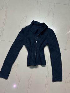 Navy Zip-Up Knit Jacket
