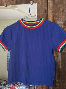 Blue Cotton Blend Crop Top
