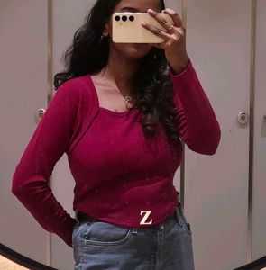 Red Square Neck Long Sleeve Top
