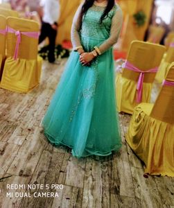 Turquoise Evening Gown, Stone Work Over Net , Ver