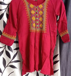 Red Embroidered short Kurti