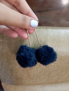 Furry Navy Blue Cottan Ball Earrings