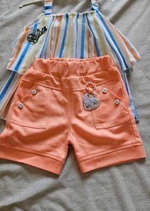 Girl Multi Color Lining Top With Peach Bottom