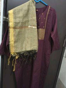 Embroidered Purple Kurta,shawl, pant