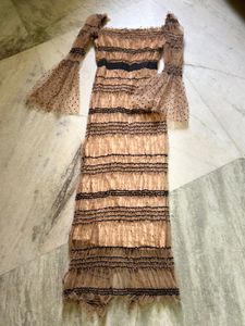 Nude Polka Dot &amp; Striped Mesh Dress
