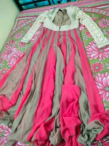 Pink And Golden Anarkali Dress