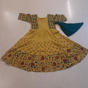 RustOrange Yellow Floral Print Dress with Scarf