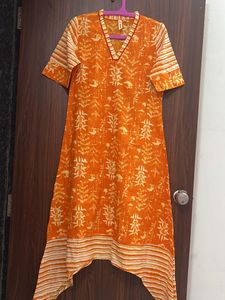 Orange Printed A-Line kurta