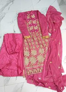 Pink Embroidered Suit With  Silk Plazo