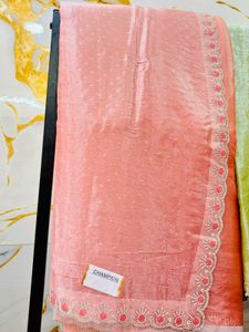 Heavy Stones Satin Saree With Contrast Blouse