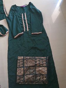 Branded Bottle Green Kurta With Plazzo Dupatta