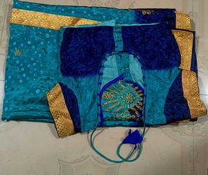 Blue &amp; Gold Embellished Saree With Blouse
