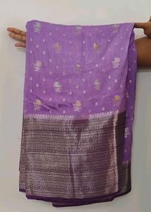 Elegant Banarasi Saree with Silver Zari Border ✨