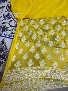 Women chiffon Chikankari Yellow Kurta