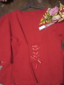 Red Lace-Up Back Blouse