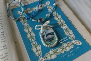 Enchanted Swan Lake Clay Pendant Beadwork Necklace