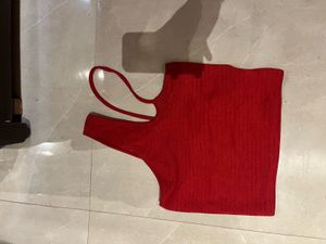 Red Ribbed One-Shoulder Crop Top – AJIO
