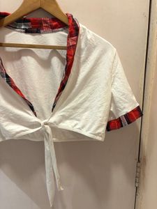 Tie-Front Plaid Trim Top
