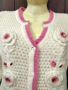 Designer Apple Cut Sweater (White N Pink)