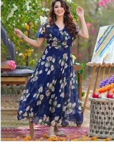 Navy Blue Floral Flare Gown- Size XL