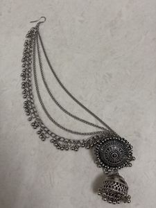 Oxidized Silver Ear Chain Jhumka Set