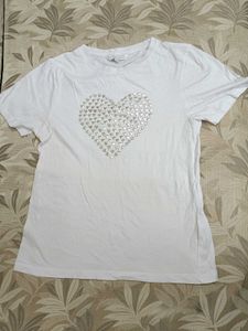 White Tee With Silver Heart Design