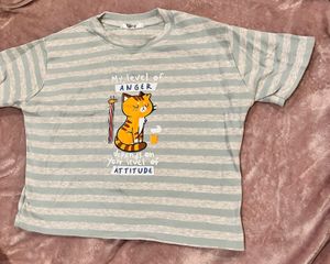 Cute Striped Tee with Cat Graphic