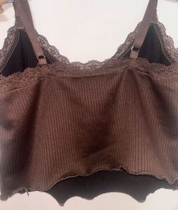Brown Lace Trim Cami Top