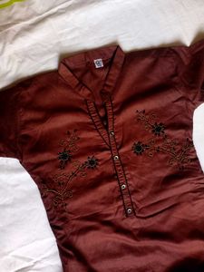 Cotton Collar Kurti With Beads Work