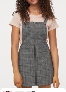 H&M Women Black & White Checked Dungaree Dress