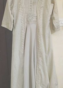 Beige Dress With Embroidered Jacket Maxi Suit