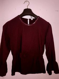 Burgundy Blouse with Embellished Neckline