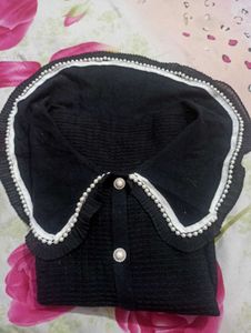 Elegant Black Cardigan with Pearl Collar