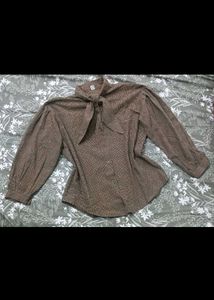Vintage Brown Tie-Neck Blouse