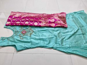 Elegant Blue Dress with Pink Dupatta